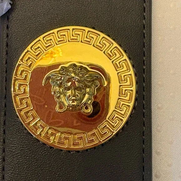 Versace Gray Leather Medusa Keychain Tag with Gold Tone Medallion - Picture 3 of 8